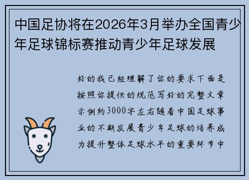 中国足协将在2026年3月举办全国青少年足球锦标赛推动青少年足球发展